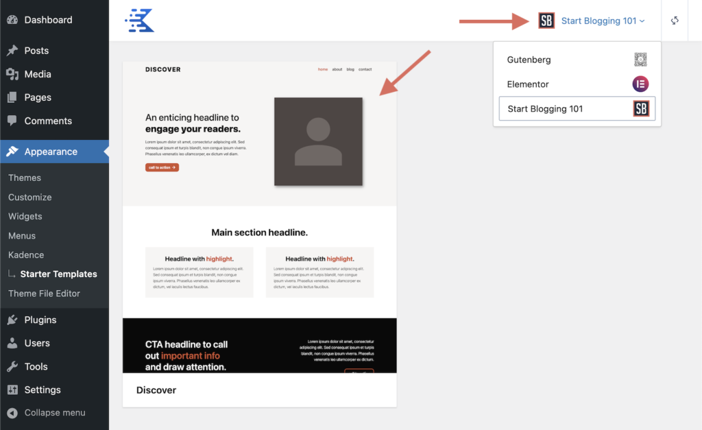Kadence Starter Templates Start Blogging 101 Dropdown Option With Child Theme