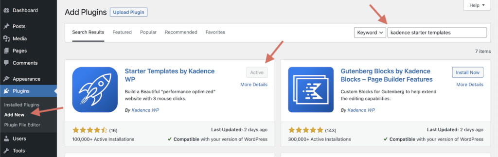Start Blogging Themes Getting Started Install Kadence Starter Templates Plugin