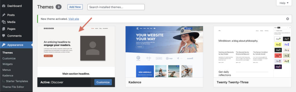 Start Blogging Themes New Child Theme Installed and Activated