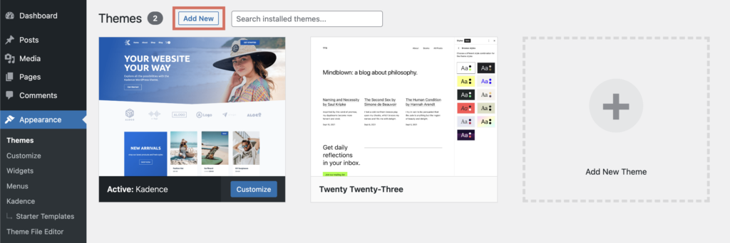 WordPress Add New Theme Button