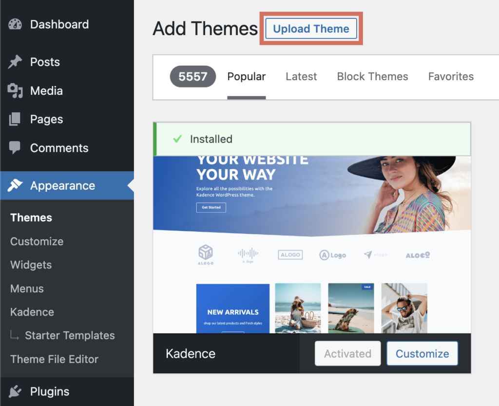 WordPress Upload Theme Button