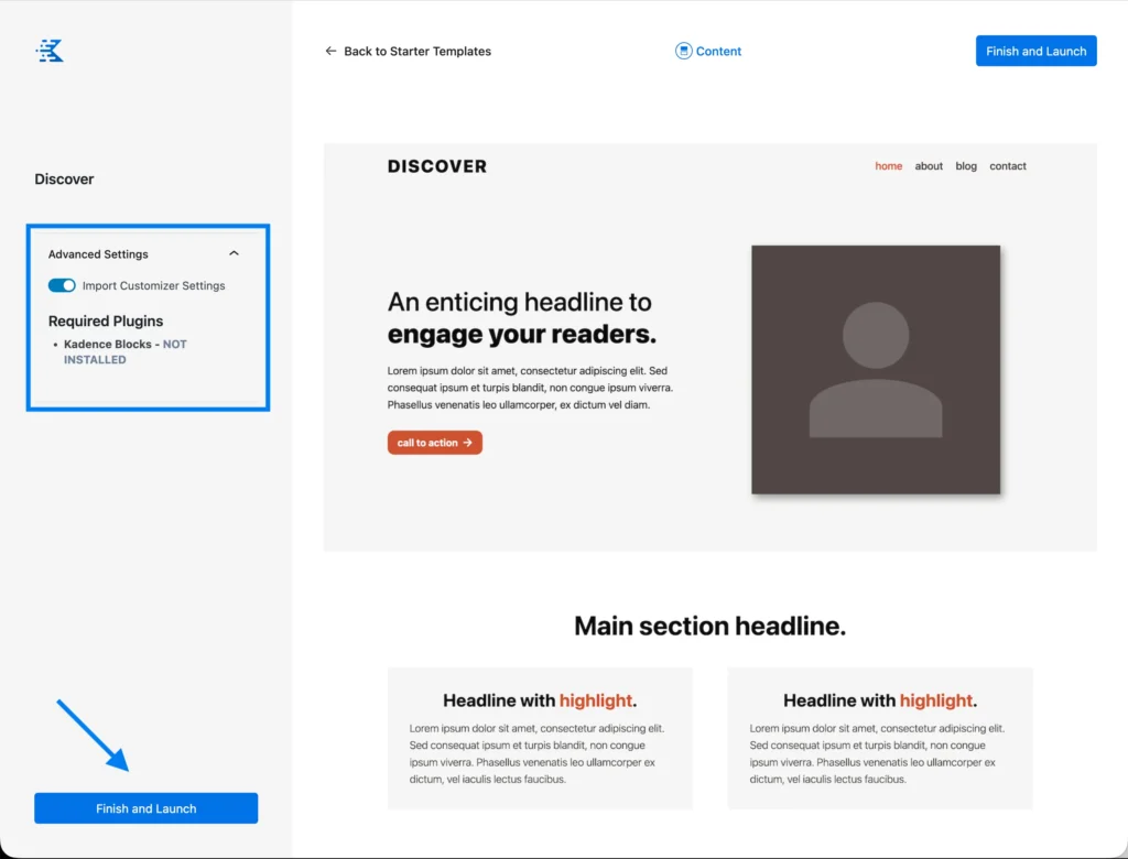 Kadence Starter Templates JP Themes Import Content Settings and Plugins Screen